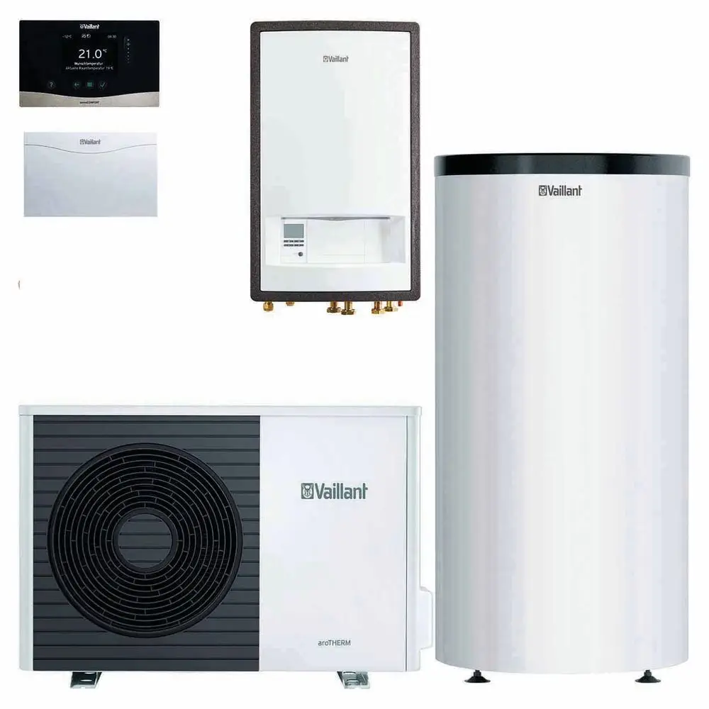 Vaillant-Wärmepumpensystem bestehend aus Inneneinheit, Außeneinheit und Warmwasserspeicher, alle in weißer Ausführung mit klaren Linien und funktionalem Design.